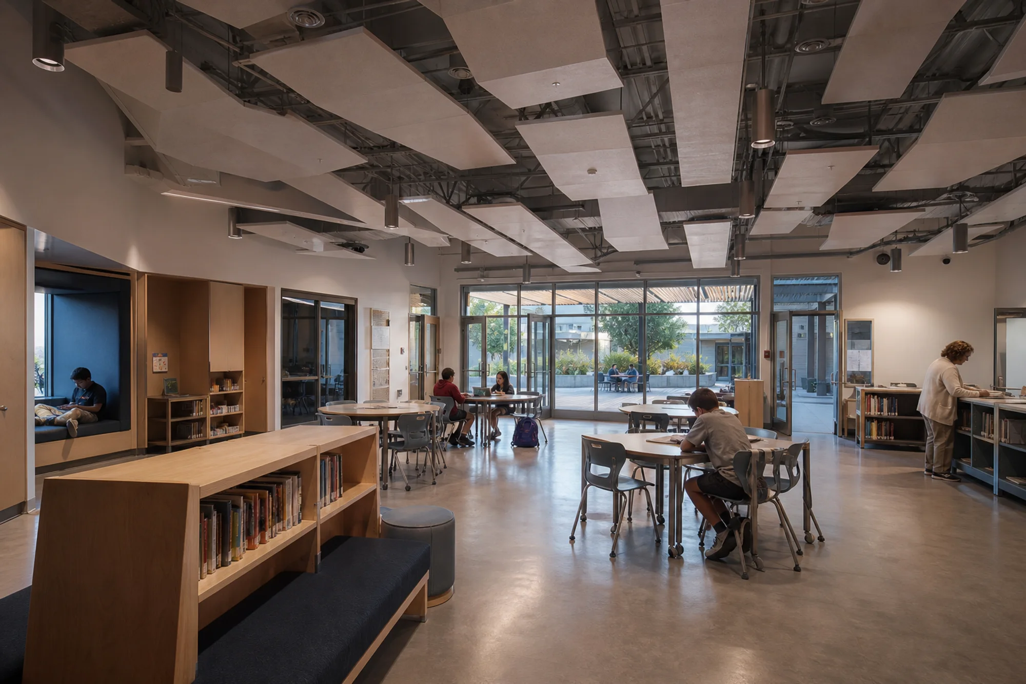 School learning commons with daylight, flexible furniture, and a courtyard connection